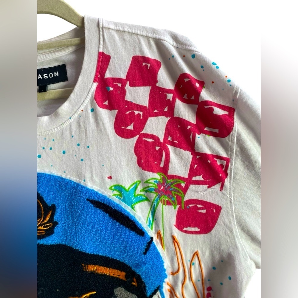 🌟  REASON skull shirt white multi color trip men’s Sz L Skeleton top resort - Picture 6 of 12